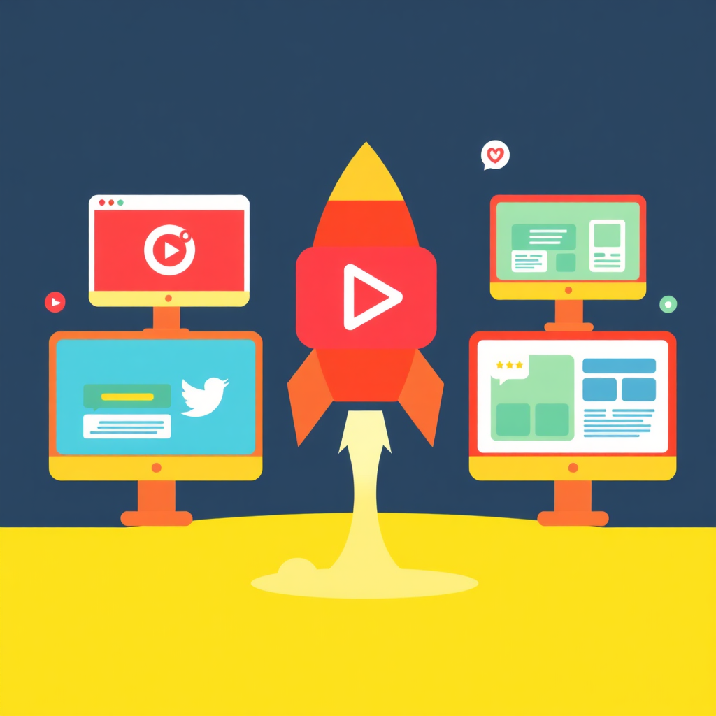 A stylized illustration depicting a video icon launching like a rocket into a network of interconnected screens and devices. The screens display various social media platforms and websites. Use a color palette of bright, energetic colors to convey excitement and success. The style is clean and modern, resembling infographics from marketing blogs.