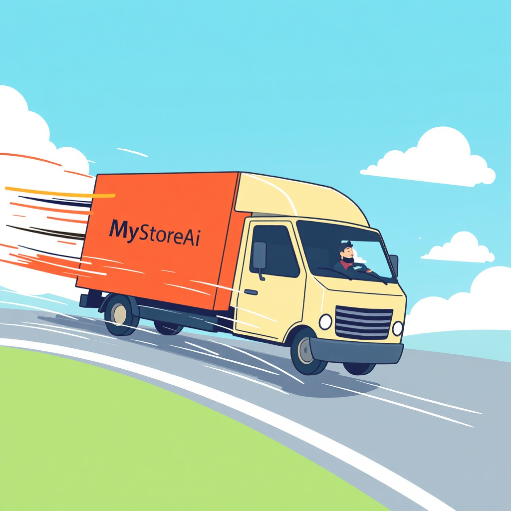 A stylized illustration of a delivery truck speeding towards a customer's doorstep. The truck is emblazoned with MyStoreAi's logo and is surrounded by swirling lines of energy, symbolizing fast and efficient service. The scene is set against a bright blue sky with fluffy white clouds. The illustration is rendered in a clean, modern style with a focus on speed and reliability.
