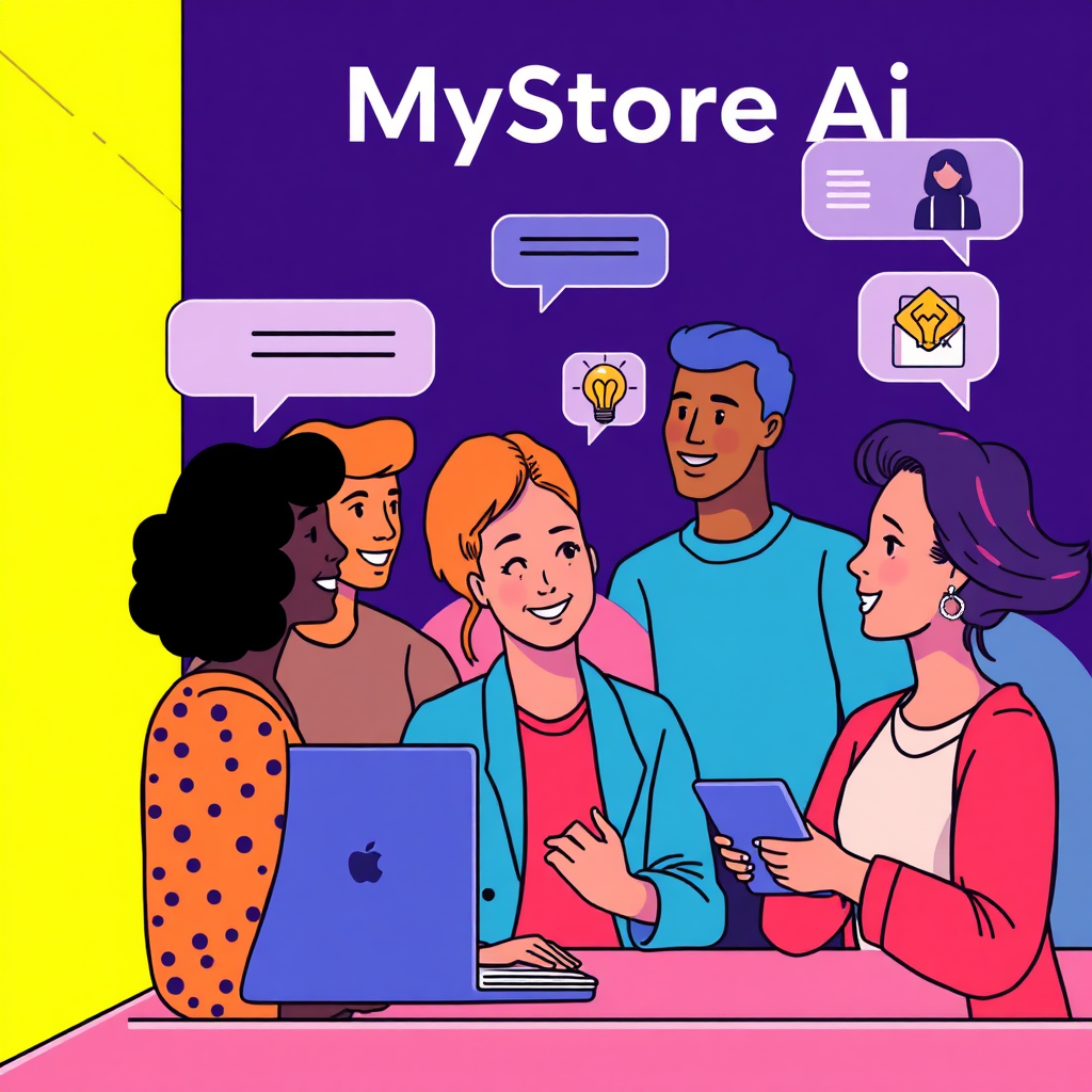 A stylized illustration of a group of diverse individuals interacting with each other on MyStoreAi's platform. The scene is brightly lit and features a vibrant color palette. The individuals are seen chatting, sharing ideas, and participating in virtual events. The illustration is designed to evoke a sense of community and connection.