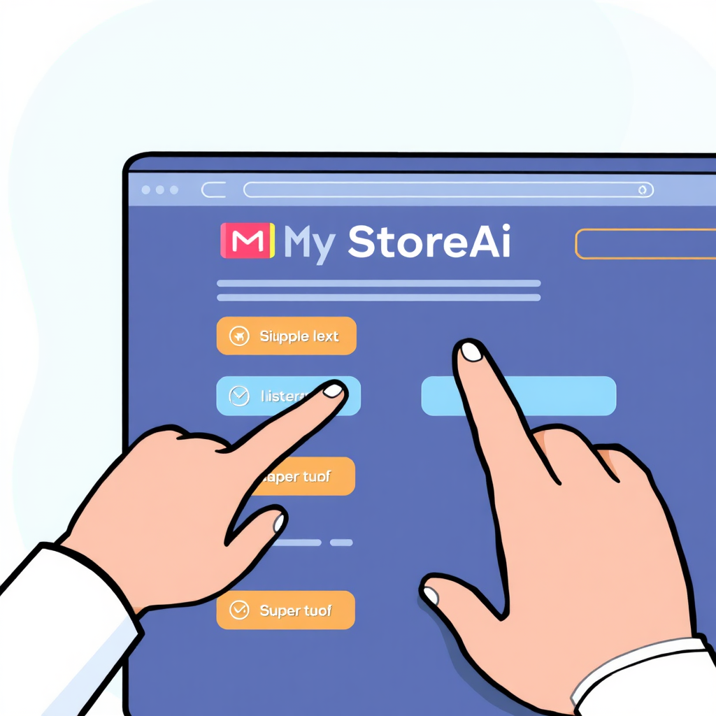 A stylized illustration of a user quickly navigating through MyStoreAi's website using the navigational bar. The buttons are highlighted as the user clicks on them, demonstrating the speed and efficiency of the platform. The illustration is designed to evoke a sense of ease and convenience.