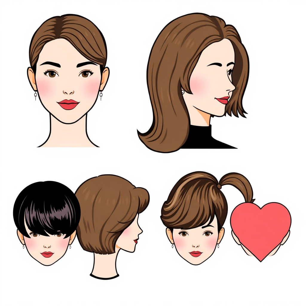 A stylized illustration showcasing different face shapes (oval, square, round, heart) with corresponding flattering hairstyles overlaid on each. The illustration style should be clean and modern, using simple lines and a limited color palette. The focus is on the relationship between the hairstyle and the face shape, demonstrating how certain cuts can enhance or balance features.