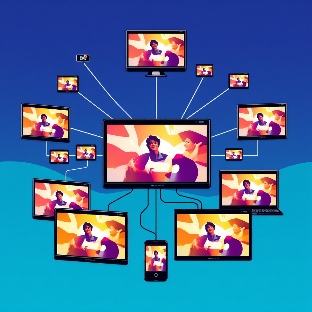 A stylized image depicting a network of interconnected screens and devices, each displaying engaging video content. The screens are arranged in a visually appealing manner, creating a sense of connectivity and reach. Use a color palette of bright, energetic colors to convey excitement and innovation.