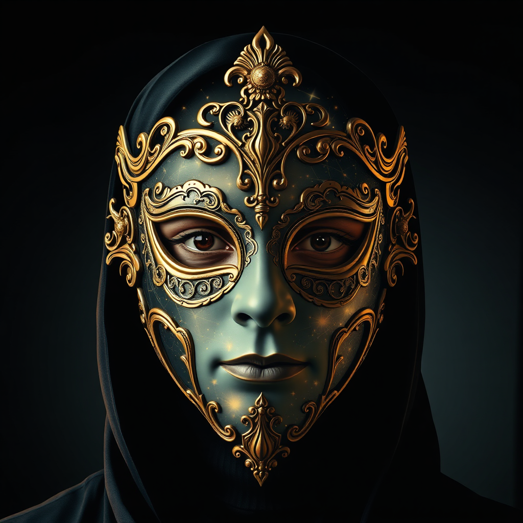 A stylized image depicting a person wearing a mask that is partially transparent, revealing the constellations of the zodiac behind it. The mask is ornate and decorative, representing the persona we project. The lighting is dramatic, highlighting the contrast between the mask and the underlying cosmos.