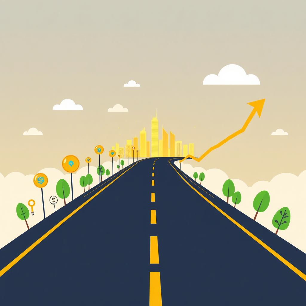A stylized image depicting a roadmap intersecting with a graph showing upward growth. The roadmap is made of financial symbols and icons, leading to a shining cityscape in the distance. The color palette is vibrant and optimistic, with gold and green accents. The style is clean and modern vector illustration. 4K resolution, high quality.