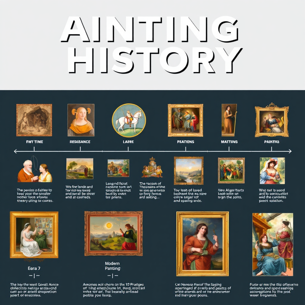 A stylized image depicting a timeline of painting history. Include iconic artworks from different eras, such as ancient cave paintings, Renaissance masterpieces, and modern abstract paintings. The style is visually appealing and informative, highlighting the key milestones in painting history.