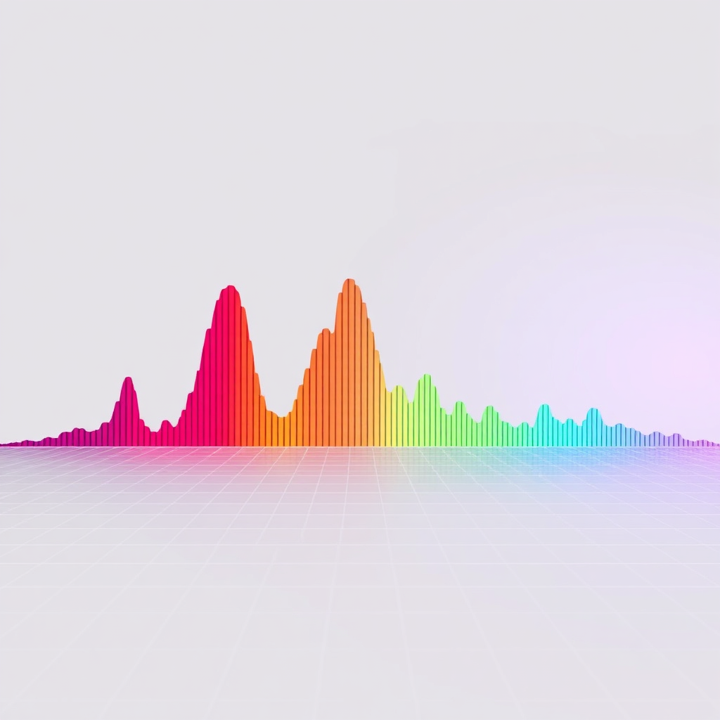 A stylized image depicting an audio waveform transforming into a perfectly balanced and optimized spectrum. The waveform should start as a raw, uneven line and gradually evolve into a smooth, symmetrical shape with vibrant colors representing different frequencies. The background could feature subtle visualizations of sound waves radiating outward. Use a gradient color palette to create a sense of depth and dimension. Lighting should be bright and even, emphasizing the clarity and balance of the optimized spectrum. Camera angle: slightly angled, emphasizing the transformation. Style: modern, abstract, and visually appealing.