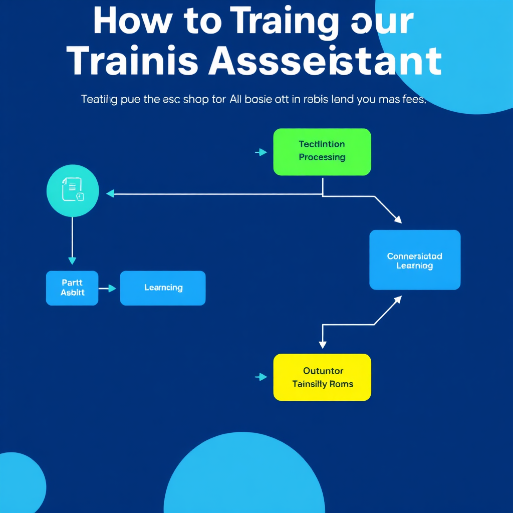 A stylized image illustrating the process of training an AI assistant. The image features a flowchart with inputs, processing steps, and outputs, representing the flow of data and learning. The color palette is clean and modern, with blues, greens, and yellows. The style should be minimalist and informative, similar to an infographic. Technical specs: 4K resolution, high quality.