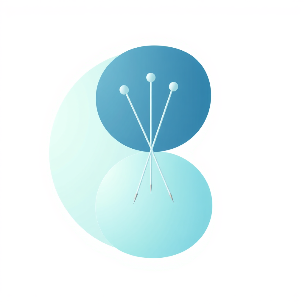 A stylized image of a balanced yin yang symbol incorporated with acupuncture needles, representing harmony and healing. The yin yang is subtly formed by intertwined needles, showcasing the integration of traditional and modern approaches. The color scheme is soft and calming, using pastel blues and greens. The background is a light, airy gradient. Style: Minimalist illustration. Technical specs: 4K resolution.