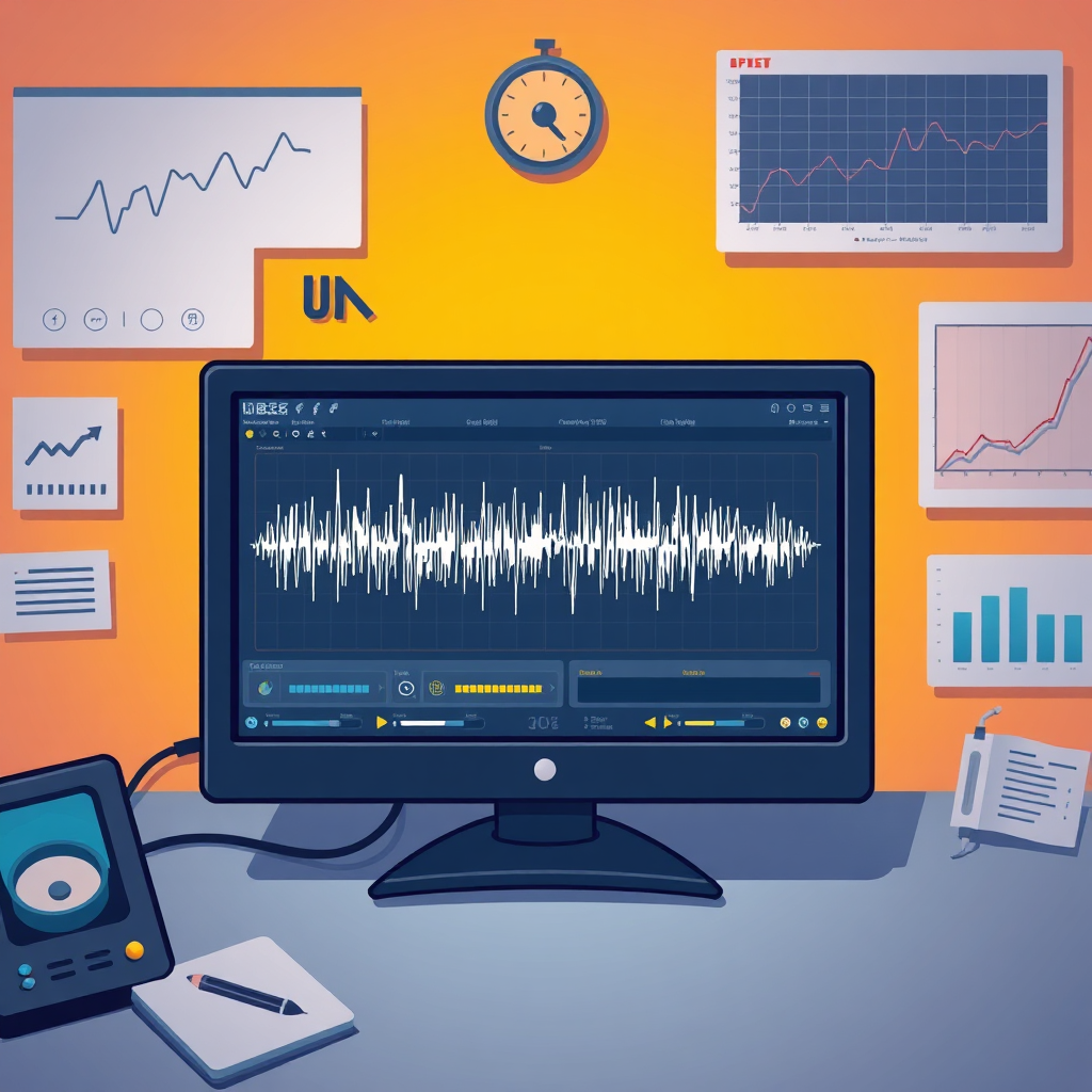 A stylized image of a computer screen displaying a complex waveform of an audio recording, with various analytical tools and graphs surrounding it. The scene is technical and scientific.