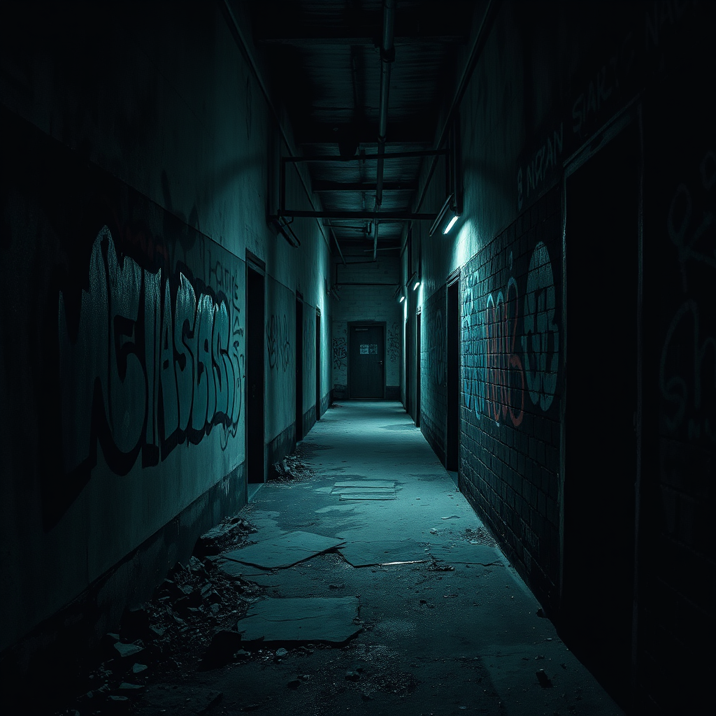 A stylized image of a creepy, abandoned alleyway at night. Graffiti covers the walls, and shadows lurk in every corner. The scene is unsettling and ominous. 4k resolution.