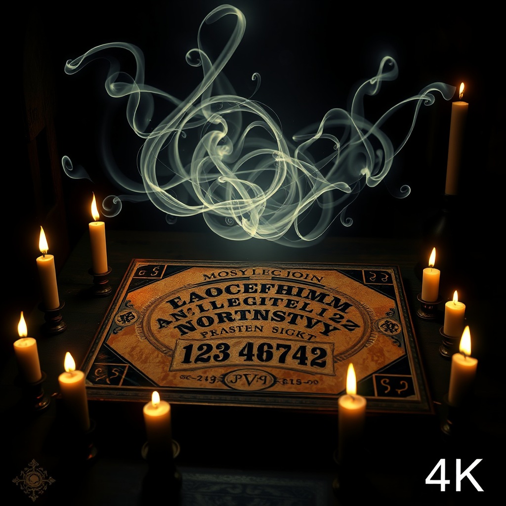 A stylized image of a Ouija board surrounded by flickering candles in a darkened room. Ethereal energy swirls above the board, connecting it to an unseen realm. The scene is mystical and intriguing. 4k resolution.