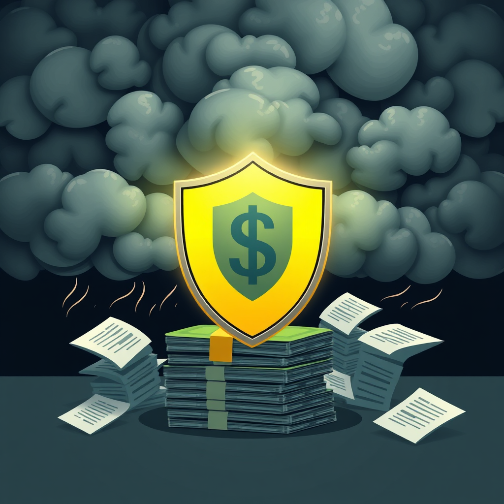A stylized image of a shield protecting a stack of money from a storm of regulatory documents. The shield is brightly lit, and the storm clouds are dark and ominous. The color palette is contrasting, highlighting the protection offered. 4K resolution, high quality.