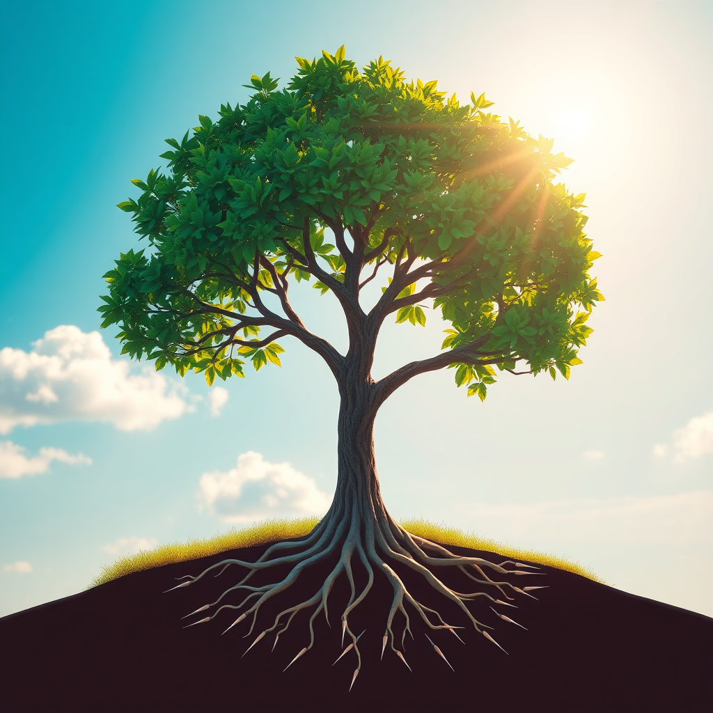 A stylized image of a tree with acupuncture needles as its roots, representing the foundation of health and wellness. The tree is vibrant and healthy, with lush foliage. The background is a bright and sunny sky. Style: Symbolic illustration with a focus on nature and growth. Technical specs: 4K resolution.