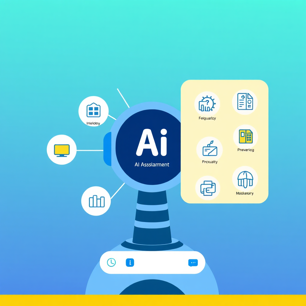 A stylized image of an AI assistant being customized with various tools and settings. The image features icons representing different industries and sectors. The color palette is clean and modern, with blues, greens, and yellows. Technical specs: 4K resolution, high quality.