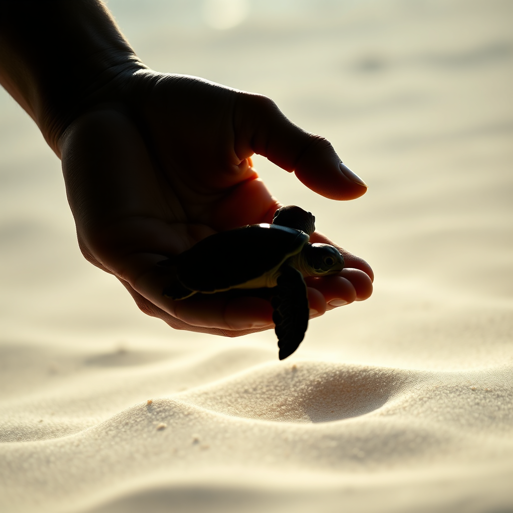 A stylized image representing conservation efforts, featuring a silhouetted hand gently cupping a fragile baby turtle on a sandy beach. The lighting should be soft and ethereal, creating a sense of hope and protection. Colors should be calming and natural, with a focus on the blue of the ocean and the beige of the sand. Camera angle: Close-up to emphasize the delicacy of the turtle and the hand's gesture. Texture should be smooth and gentle. Technical specs: 4K resolution, high quality.