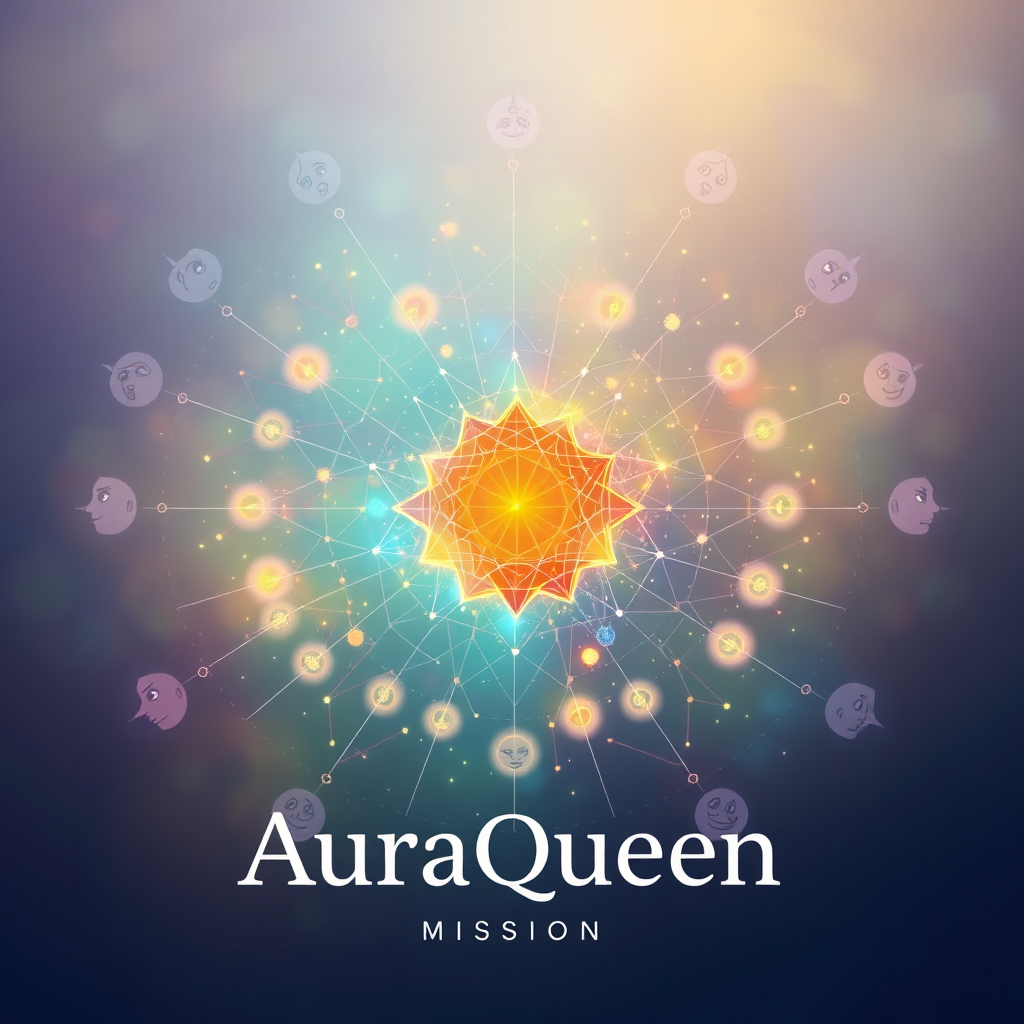 A stylized image representing AuraQueen's mission. The central focus is a vibrant, interconnected network of constellations, each glowing with a unique color. Radiating outwards from this network are subtle representations of human faces, each reflecting a different emotion or personality. The background is a soft, gradient blend of cosmic colors, creating a sense of depth and wonder. The composition is balanced and harmonious, reflecting the balance and harmony that AuraQueen strives to bring to its audience. Lighting should be soft and diffused, highlighting the intricate details of the constellations and facial expressions. Style: A modern, illustrative style with a touch of ethereal fantasy. 4K resolution, high quality.