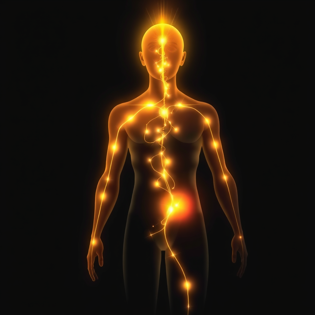 A stylized image representing energy flow through the body. Use light streaks or glowing lines that follow the meridian pathways, highlighting the acupuncture points. The color palette should be vibrant and energetic, with shades of yellow, orange, and red. The background is dark and minimal. Style: Abstract illustration with a focus on light and color. Technical specs: 4K resolution.