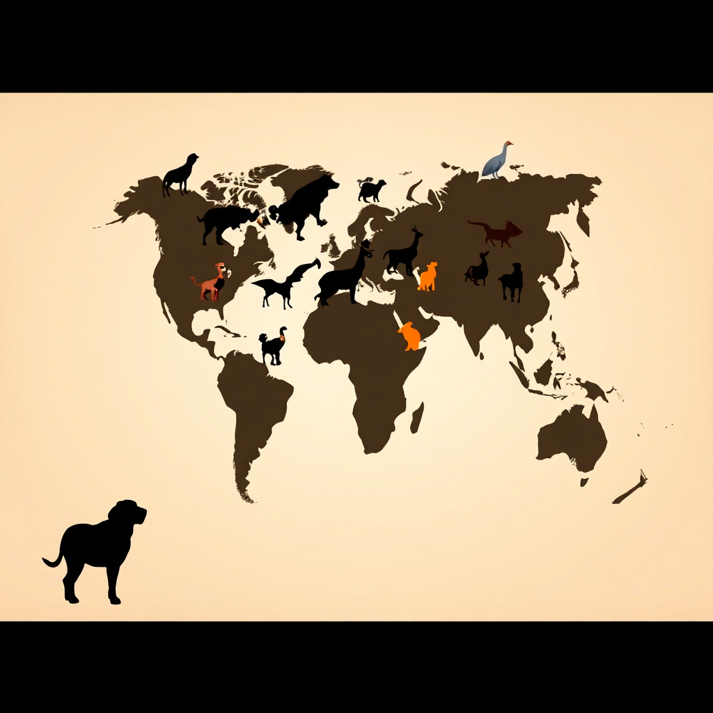 A stylized image representing the essence of FurryMewzy's mission to showcase the animal kingdom. The image features a world map subtly overlaid with silhouettes of various animals, both domestic and wild. The color palette is muted and earthy, with pops of vibrant colors highlighting key animal figures. Soft, diffused lighting creates a sense of wonder and discovery. The camera angle is a medium shot, focusing on the details of the animal silhouettes and the underlying map. Textures are smooth and polished, giving the image a modern and sophisticated feel. The overall style is clean and minimalist, emphasizing the connection between animals and the world they inhabit. Technical specs: 4K resolution, high quality.