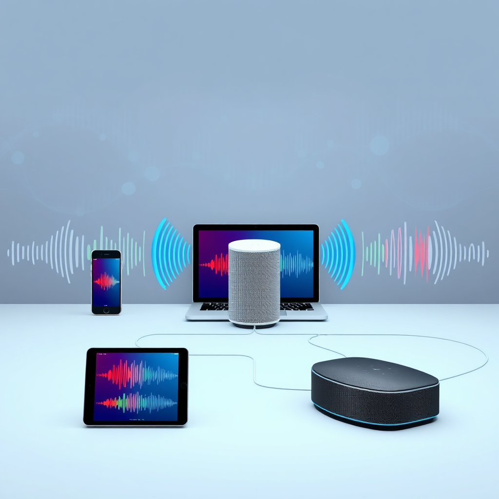A stylized image representing the seamless integration of audio across multiple platforms. Depict various devices - smartphones, tablets, laptops, and smart speakers - all connected by invisible sound waves. The sound waves should be rendered in a clean and modern style, with a vibrant color palette. The background could feature abstract visualizations of data flow and connectivity. Lighting should be bright and even, emphasizing the clarity and simplicity of the integration. Camera angle: slightly overhead, capturing the interconnectedness of the devices. Style: modern, minimalist, and visually appealing.