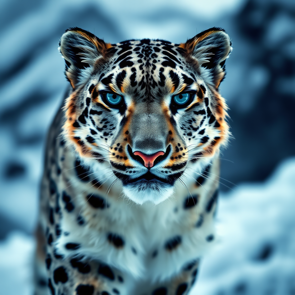 A stylized image resembling a wildlife photograph, showcasing a snow leopard in its mountainous habitat. The lighting should be dramatic with high contrast, accentuating the leopard's fur texture against the snowy backdrop. Colors should be muted to emphasize the cold environment, with a slight blue tint. Camera angle: Eye-level to capture the animal's powerful gaze. The focus is razor-sharp on the leopard's face, with a blurred background to create depth. Technical specs: 4K resolution, high quality.