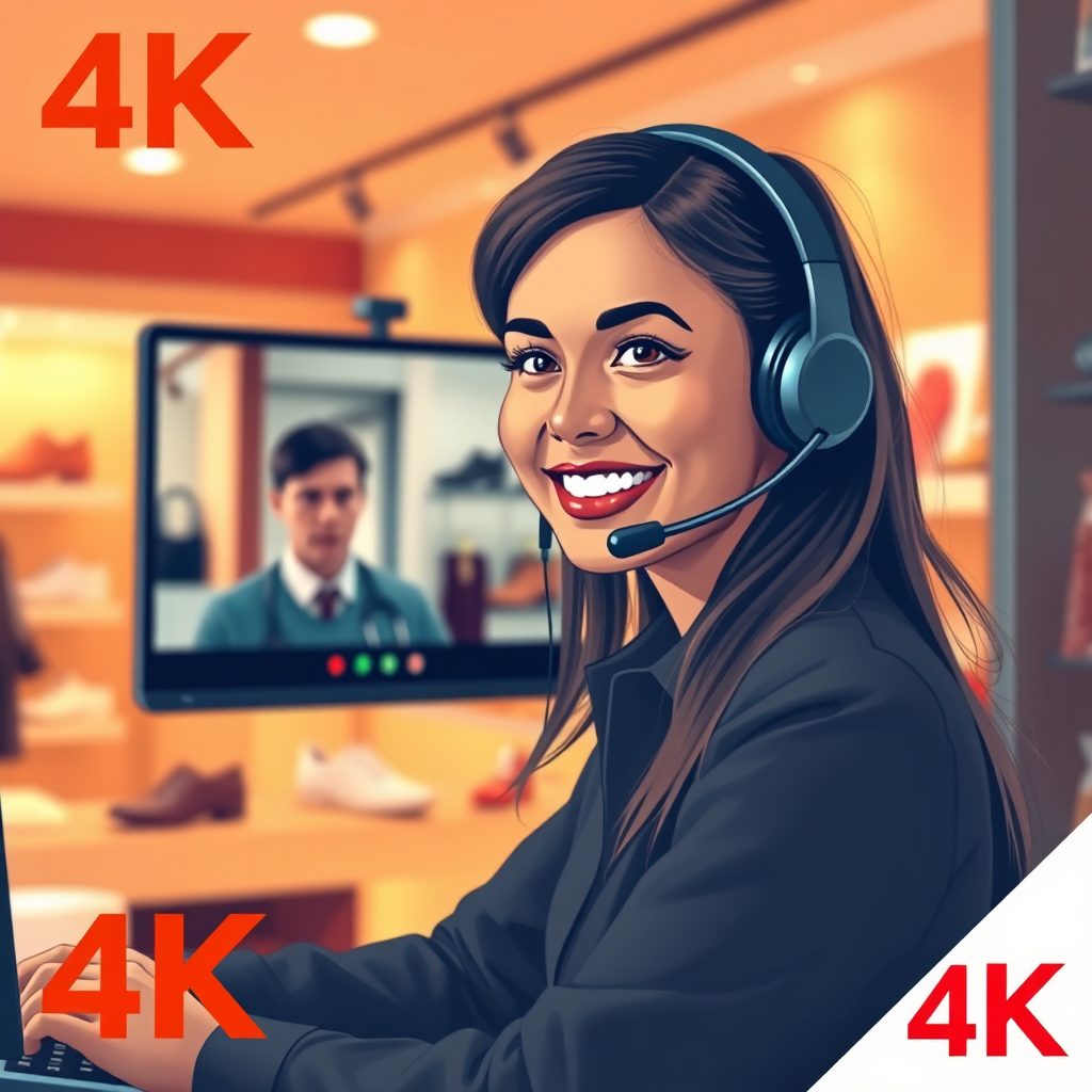 A stylized, warm-toned image in 4K depicting a friendly customer service representative wearing a headset, assisting a customer via video call. The background shows a virtual shoe store environment. The overall feeling is approachable and helpful.