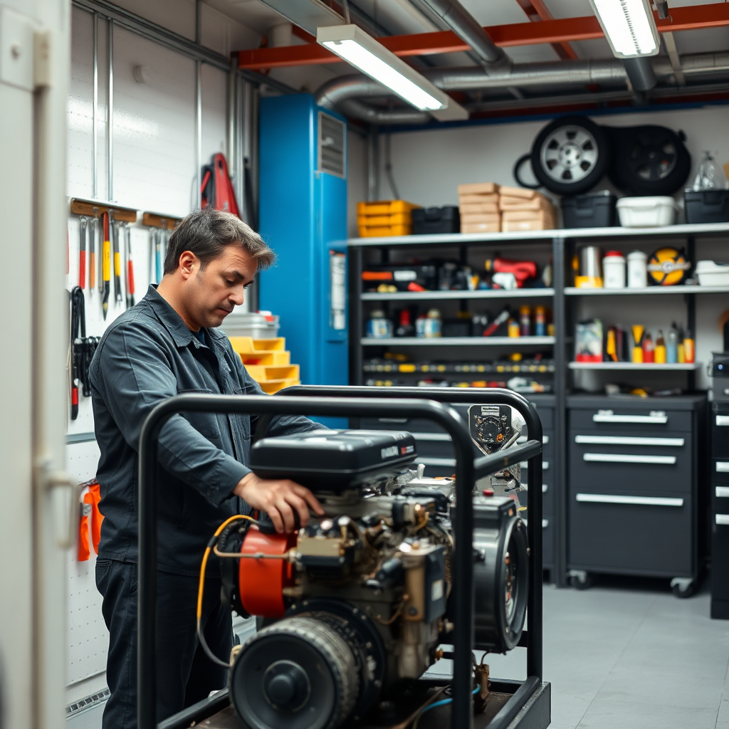 A technician in a clean workshop is servicing a piece of equipment, such as a generator. Tools are neatly organized. The technician is focused and professional, conveying expertise and attention to detail. The scene is brightly lit and emphasizes cleanliness and precision.