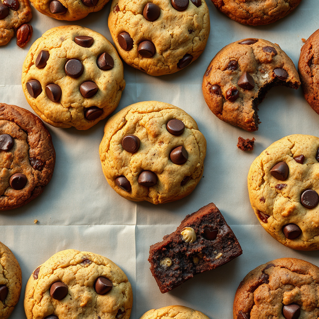 A top-down, photorealistic image of an assortment of freshly baked cookies and brownies arranged on a baking sheet. The focus should be on the different textures and flavors, with visible chocolate chips, nuts, and gooey centers. Warm lighting should create an inviting and tempting atmosphere. The image should evoke a sense of indulgence and sweet cravings. 4k resolution.