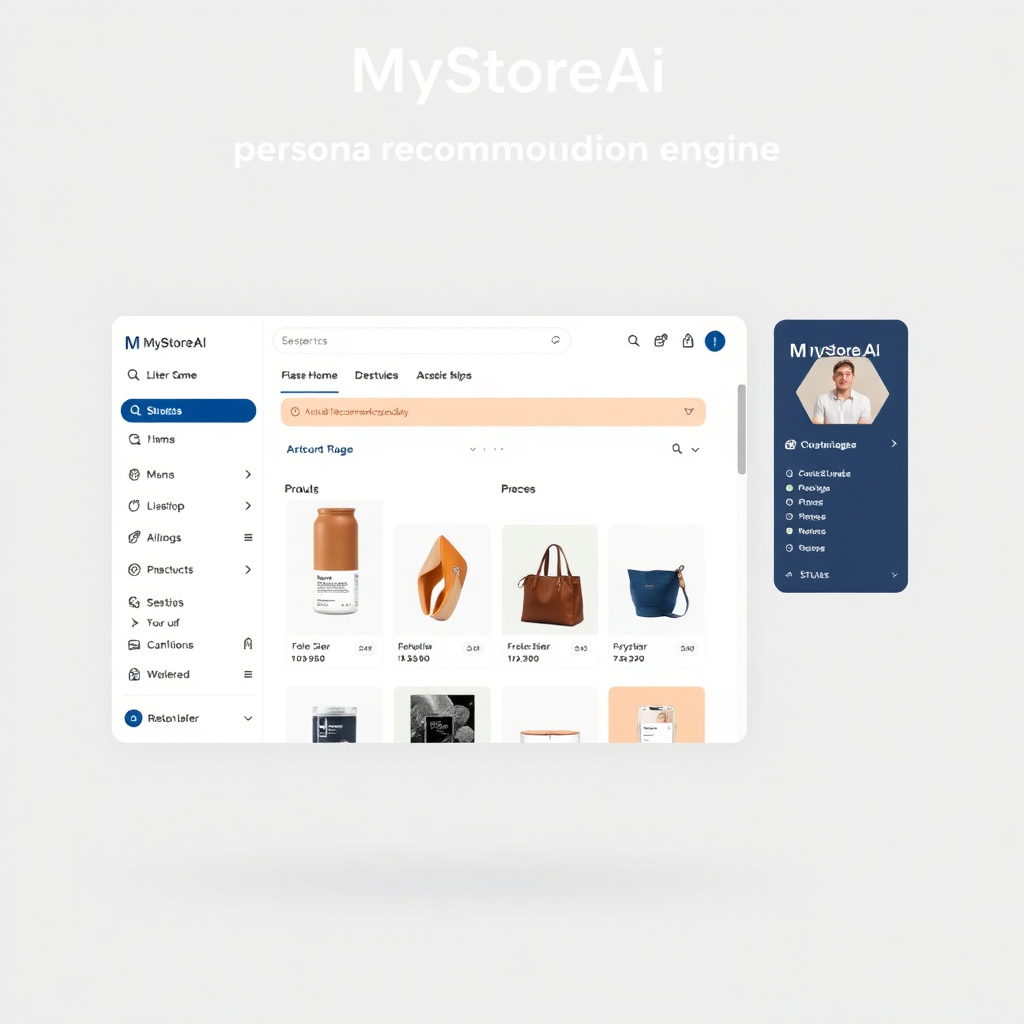 A user interface mockup displaying MyStoreAi's personalized recommendation engine. The screen showcases a selection of products tailored to the user's preferences, with clear product images and descriptions. The layout is clean and intuitive, with a focus on discoverability. The color palette is modern and inviting.