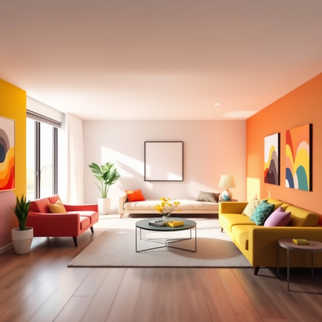 A vibrant and abstract 4K image depicting the psychology of colour in interior design. Imagine a colour wheel merging seamlessly into a living room setting, with each colour influencing the mood and lighting of the space. Use bold, saturated colours and soft gradients to visualize the impact of different hues on walls, furniture, and accessories. Style reference: abstract expressionism meets interior design. Focus on the interplay of light and colour, and create a sense of harmony and balance.