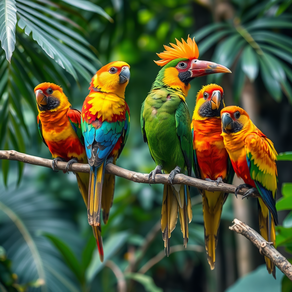 A vibrant and colorful image showcasing a variety of tropical birds perched on a branch in a rainforest. The lighting should be bright and cheerful, accentuating the birds' plumage. Colors should be diverse and saturated, reflecting the rainforest's biodiversity. Camera angle: Medium shot to capture the birds' details and the lush foliage. Textures are key, showcasing the feathers and leaves. Background is a blurred rainforest canopy. Technical specs: 4K resolution, high quality.