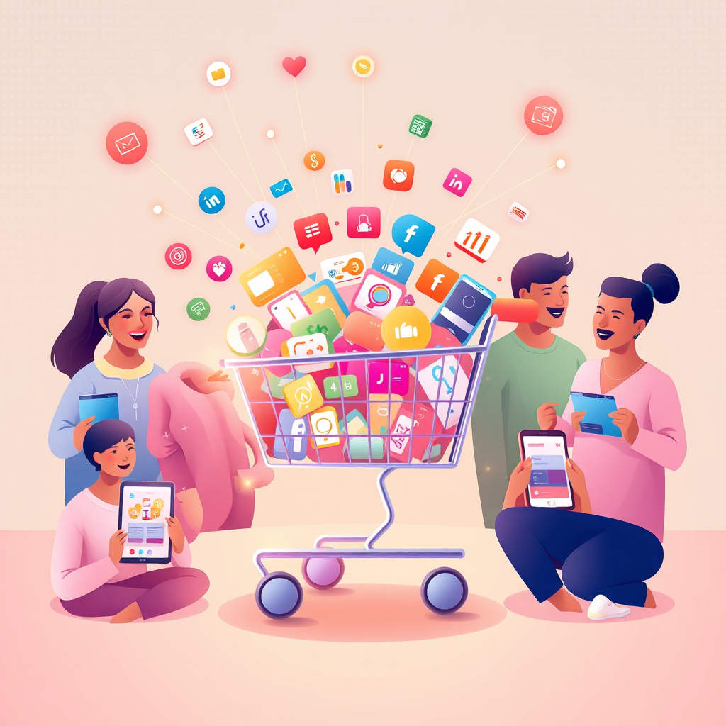A vibrant and dynamic digital art piece showcasing a diverse group of people happily interacting with MyStoreAi's platform on various devices. The central focus is a stylized shopping cart overflowing with an array of products and services icons, symbolizing the abundance available. Soft, warm lighting highlights user interfaces displaying intuitive navigation and personalized recommendations. The color palette features modern pastel gradients with bold accent colors. The composition incorporates elements of connectivity, such as glowing lines linking users to the platform, creating a sense of community and ease of access. A subtle background pattern evokes a sense of technological innovation. The image should be rendered in 4K resolution with high detail, capturing the essence of a user-friendly and engaging e-commerce experience. Style is clean and modern.