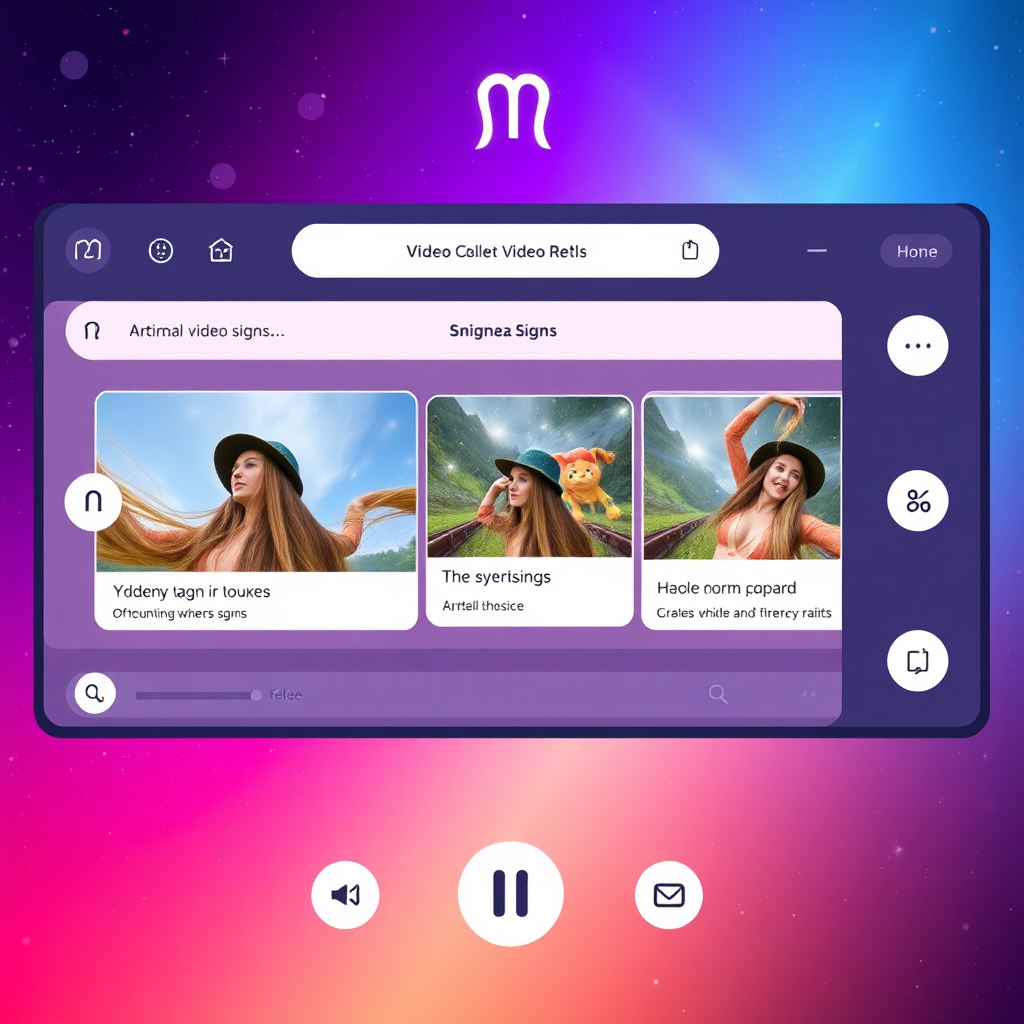 A vibrant and dynamic video reel interface showcasing snippets of various zodiac signs. The interface is clean and modern, with intuitive controls. Each snippet highlights key traits and characteristics associated with the sign. The overall aesthetic is bright, engaging, and informative, reflecting the accessibility and entertainment value of the video reels. The background could feature subtle constellations and cosmic elements.