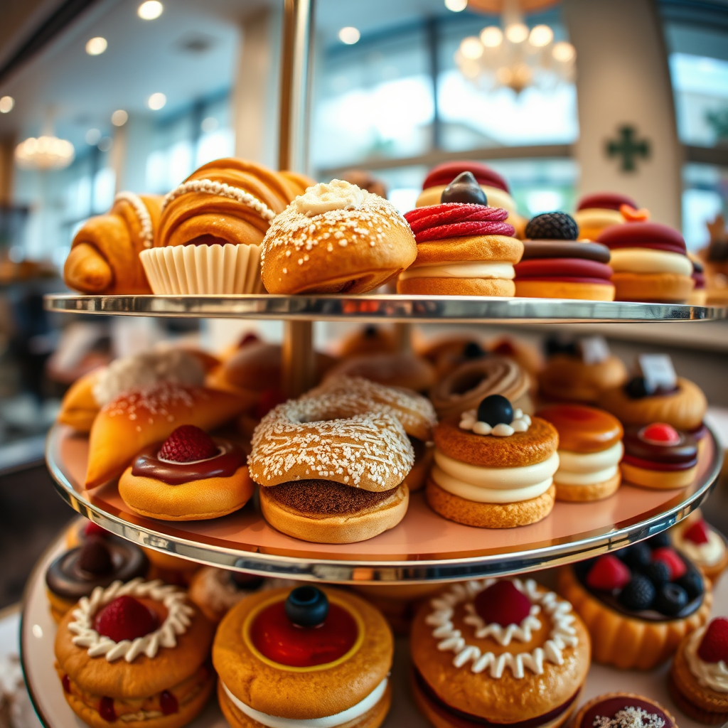 A vibrant, eye-level shot of an assortment of beautiful pastries on a tiered display. Focus on the intricate details of croissants, éclairs, and fruit tarts. Lighting should be bright and cheerful, emphasizing the colors and textures. The image should convey a sense of luxury and indulgence. 4K resolution.