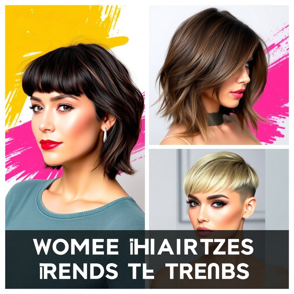 A vibrant, high-resolution image displaying current women's haircut trends: a textured bob, long layers, and a pixie cut. Each style is worn by a model with a confident, modern look. The backdrop is a colorful, abstract design to emphasize the trendsetting nature of the hairstyles.