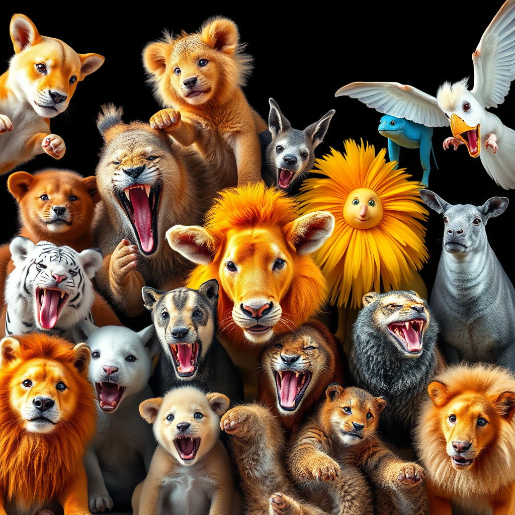 A vibrant image showcasing a collage of various animals captured in dynamic and engaging poses. The lighting should be bright and cheerful, highlighting the animals' features. Colors should be rich and diverse, reflecting the variety of the animal kingdom. Camera angle: A mix of close-ups and wide shots to capture different perspectives. Texture should be realistic, showcasing the animals' fur, feathers, and scales. Technical specs: 4K resolution, high quality.