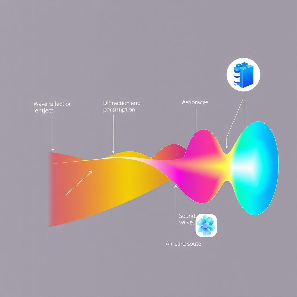 A visual representation of a sound wave traveling through the air, interacting with different objects and surfaces. Show the wave reflecting, diffracting, and absorbing, with annotations highlighting the different phenomena. The color palette should be clear and informative, using distinct colors to represent different wave properties. 4k resolution, scientific illustration style.