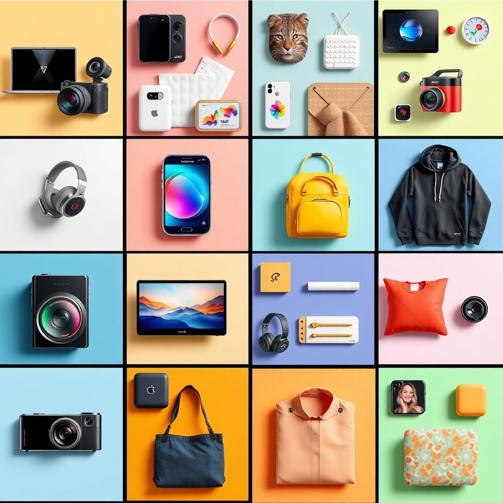 A visually appealing collage showcasing a diverse range of products available on MyStoreAi's platform. The collage includes images of electronics, apparel, home goods, and more, all arranged in a harmonious composition. The color palette is bright and inviting, with pops of vibrant accent colors. Soft lighting and subtle shadows add depth and dimension. The collage is designed to evoke a sense of abundance and variety.