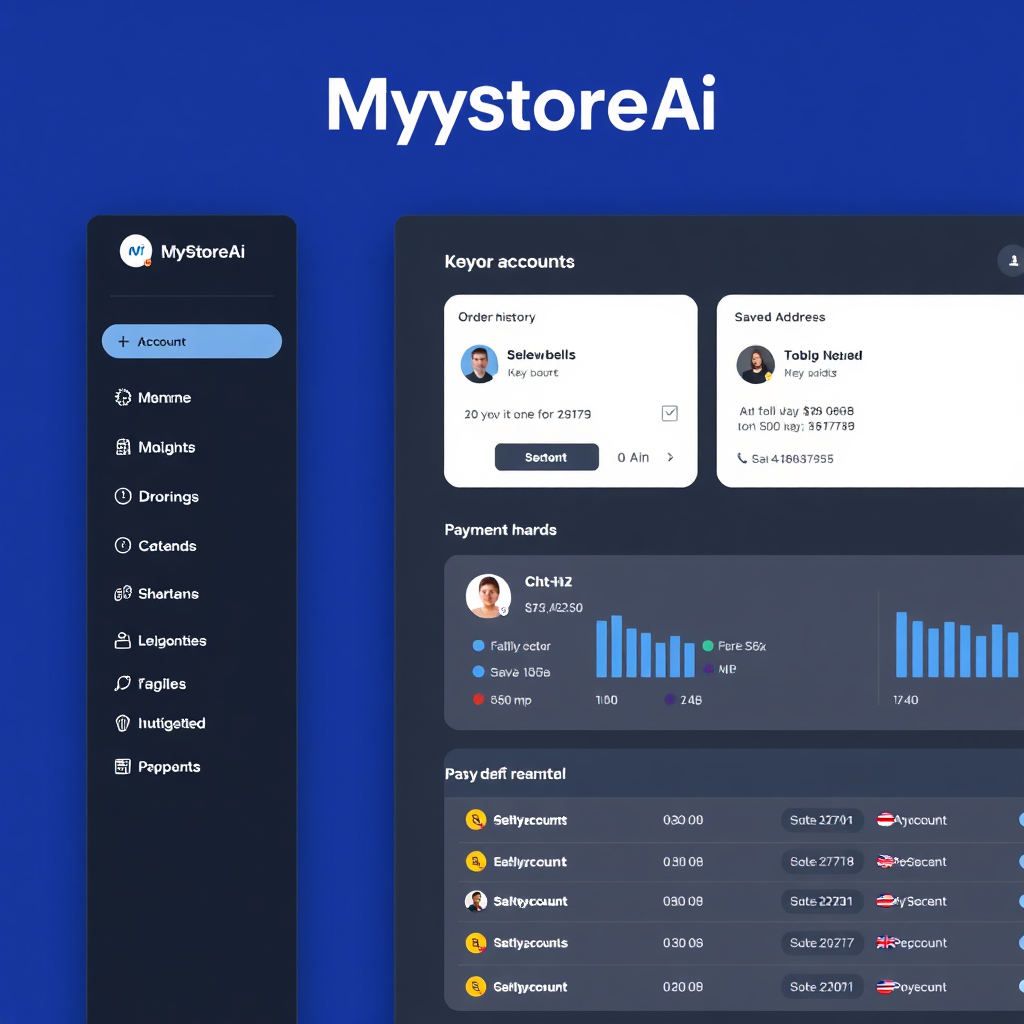 A visually appealing mockup of MyStoreAi's account management dashboard. The dashboard displays key account information, such as order history, saved addresses, and payment methods. The layout is clean and organized, with clear navigation elements. The color palette is calming and professional.