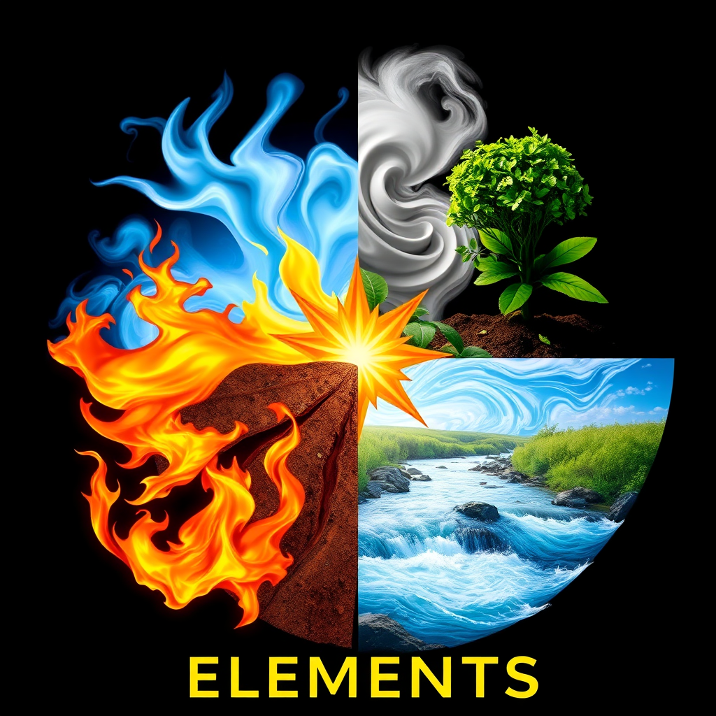 A visually striking image representing the four elements. Fire is depicted as a roaring flame, Earth as fertile soil, Air as swirling clouds, and Water as a flowing river. The elements are arranged in a balanced composition, symbolizing their interconnectedness. The colors are vibrant and dynamic, reflecting the energy of each element.