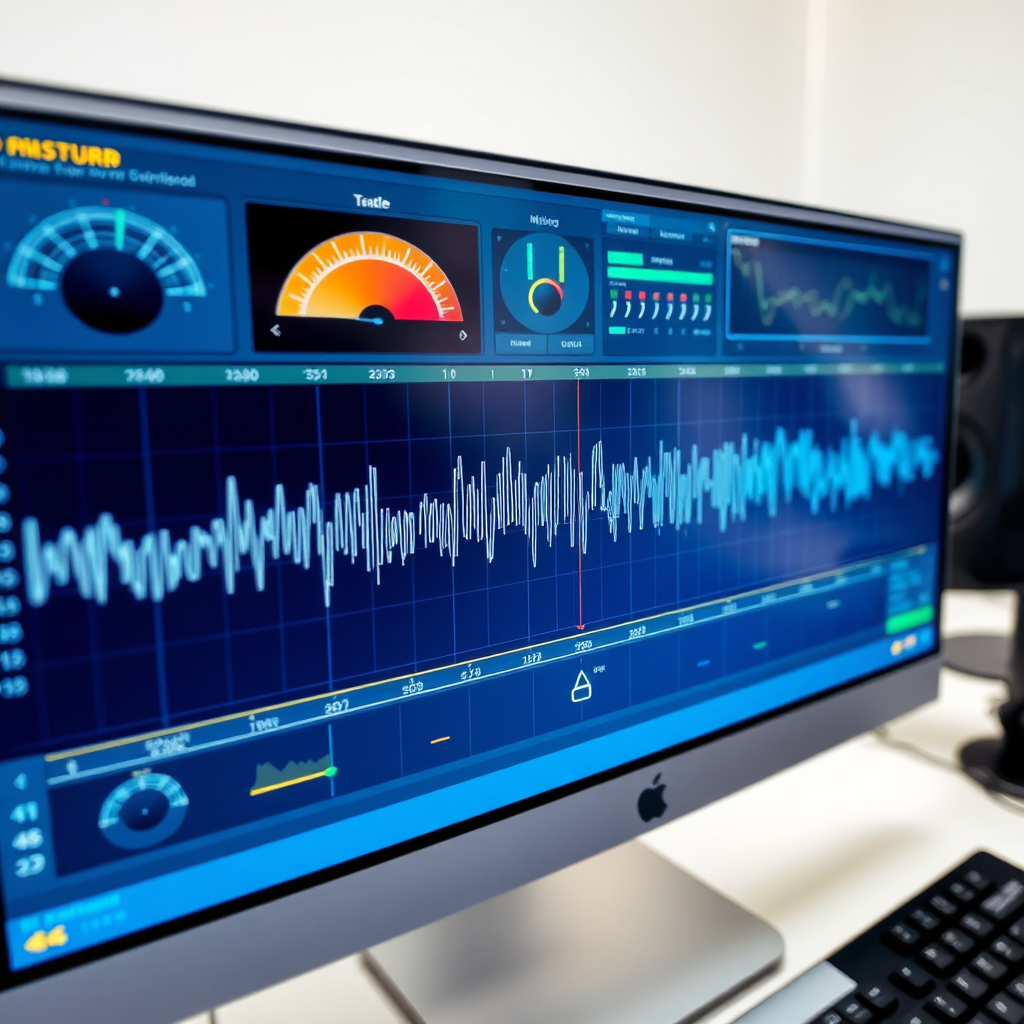 A waveform visualization of an audio track being mastered, with various metering tools and spectrum analyzers displayed on a computer screen. Focus on the waveform's detail and the metering tools' accuracy. The color palette should be clear and informative. 4k resolution, digital art style.
