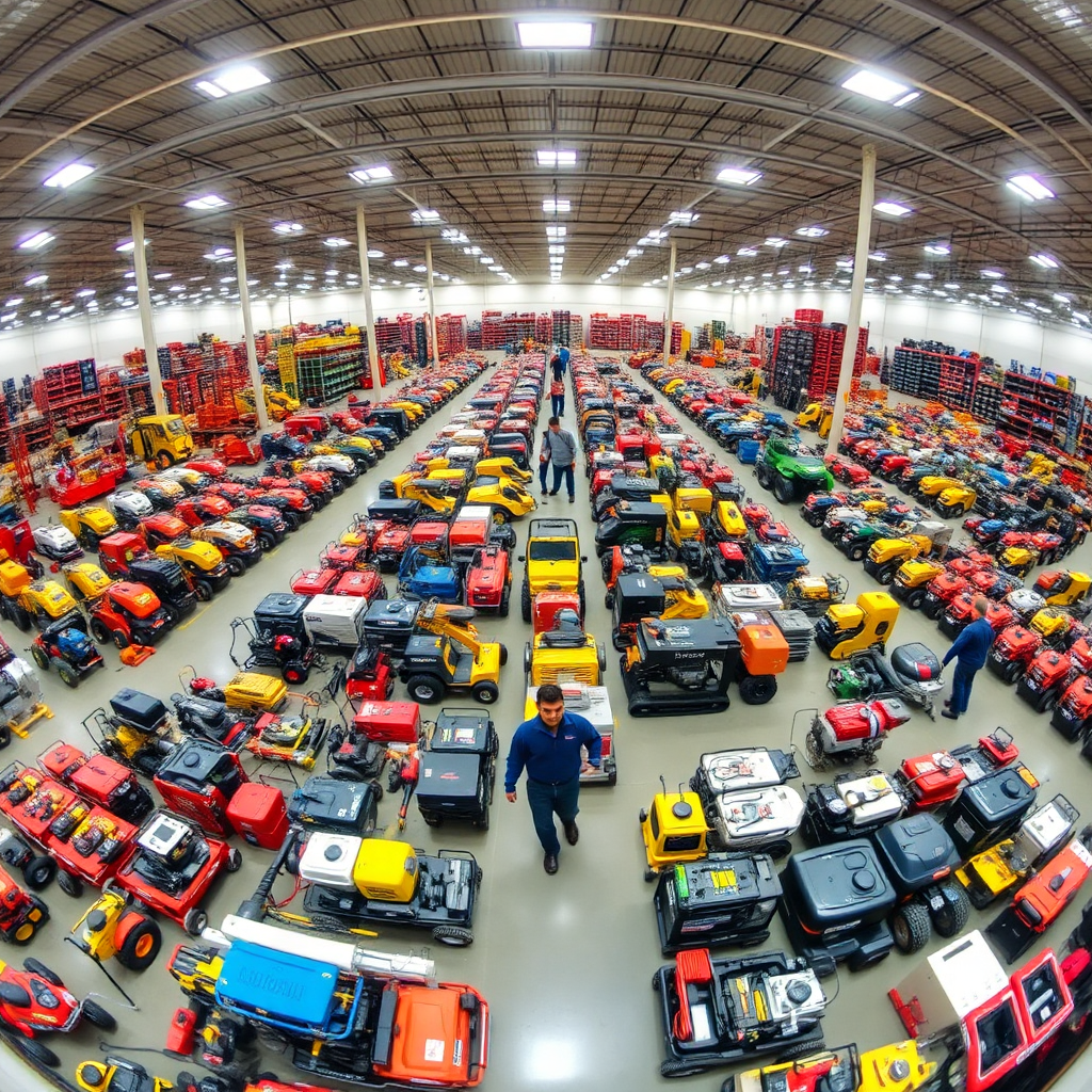 A wide-angle shot of a large warehouse space filled with rows upon rows of meticulously organized rental equipment. Different sections are clearly labeled: 'Power Tools,' 'Construction Equipment,' 'Landscaping,' etc. The equipment ranges from small handheld drills to larger machinery like generators and compactors. The lighting is bright and even, showcasing the sheer variety and scale of the inventory. Staff members are visible, attending to the equipment and assisting customers, creating a sense of activity and availability.