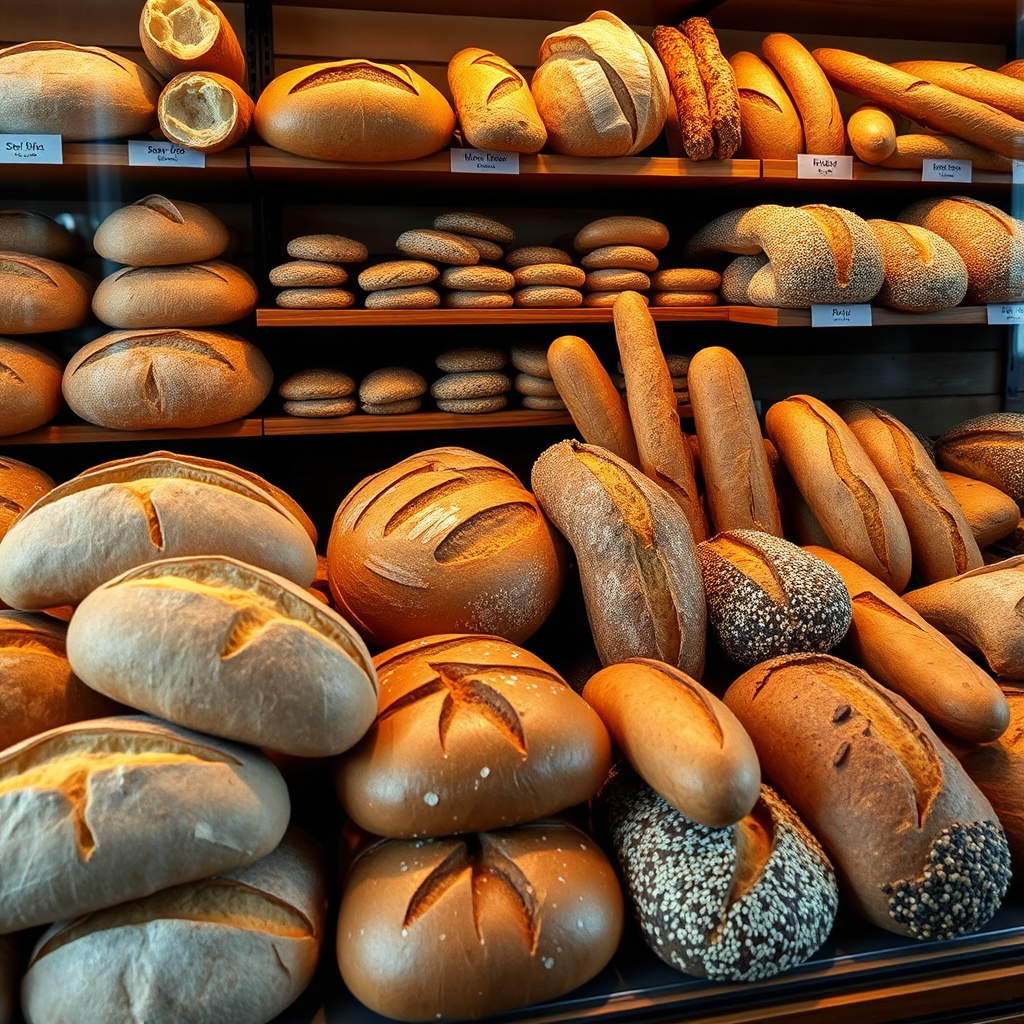A wide shot of a bakery display filled with various types of freshly baked bread, including sourdough, rye, baguette, and multigrain. The display should be well-organized and inviting, with warm lighting highlighting the golden-brown crusts of the bread. 4k resolution.