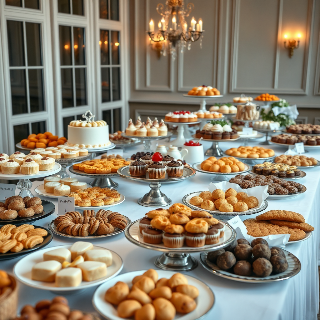 A wide shot of a beautifully arranged catering table filled with an assortment of baked goods, including pastries, cakes, and breads. The scene should be elegant and inviting, with a focus on presentation and variety. The image should convey a sense of abundance and celebration. 4k resolution.