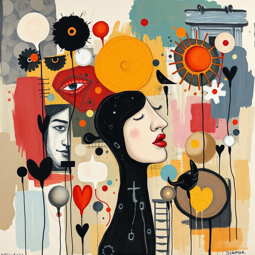 An abstract image incorporating personal symbols and imagery. Include elements that represent memories, emotions, and experiences. The style is personal and evocative, encouraging viewers to connect with their own inner world.