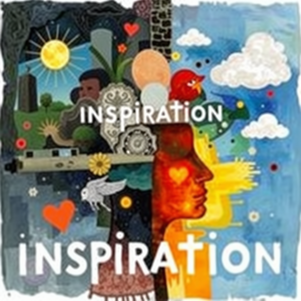 An abstract image representing the concept of inspiration. Include elements such as nature scenes, colorful patterns, and emotional expressions. The style is imaginative and evocative, encouraging viewers to explore their own sources of inspiration.