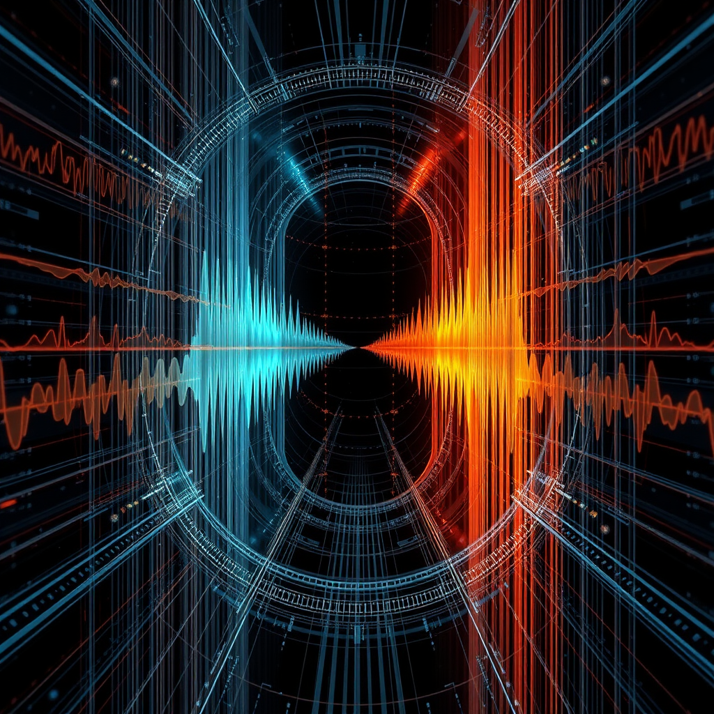 An abstract representation of sidechain compression, parallel processing, and automation visualized as interconnected sound waves and signal paths. The visual should be complex and informative, showcasing the advanced concepts in audio production. 4k resolution, scientific visualization style.