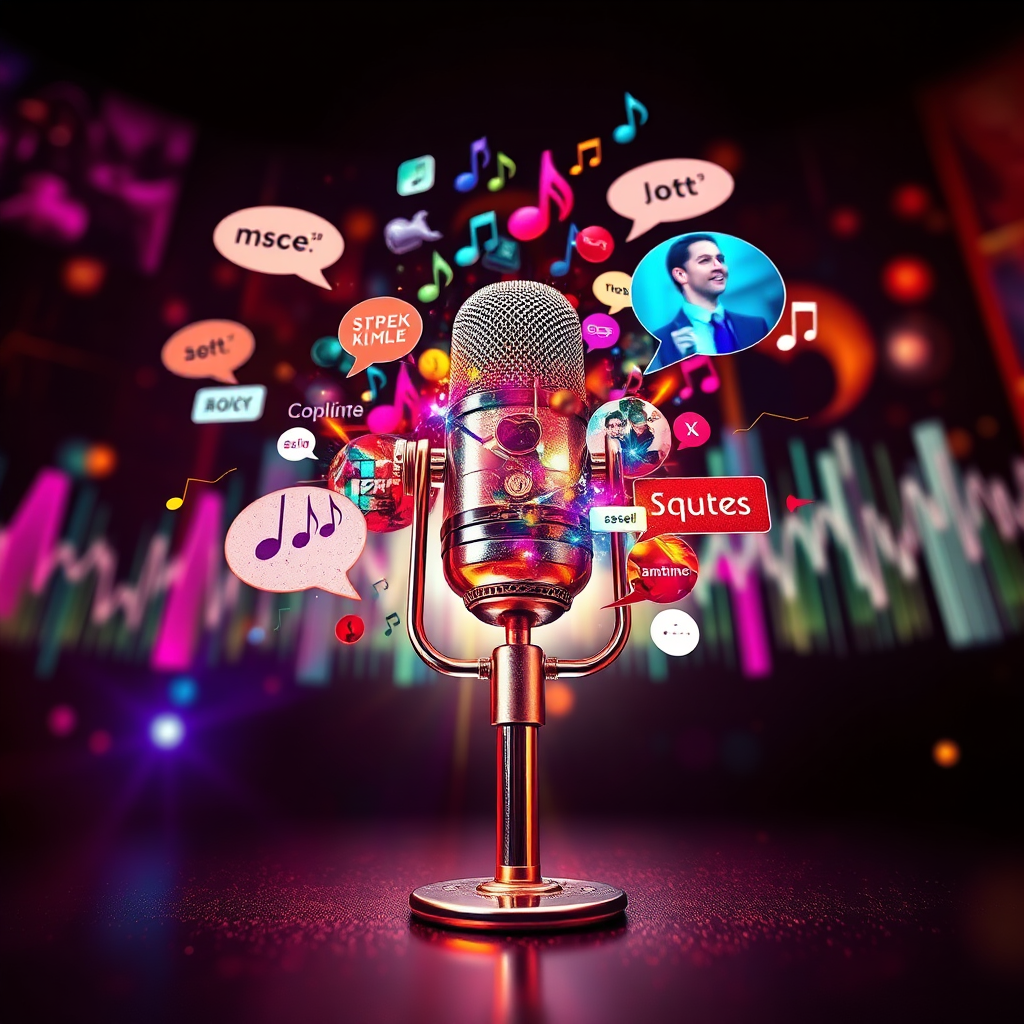 An artistic representation of a soundscape being built from various individual audio elements. Depict different visual representations of sounds - a microphone, musical notes, spoken word bubbles, and ambient noises - all converging into a harmonious and immersive soundscape. Use a vibrant and dynamic color palette to create a sense of energy and excitement. The background could feature abstract visualizations of sound waves and frequencies. Lighting should be dramatic and directional, highlighting the key elements of the soundscape. Camera angle: slightly low, emphasizing the scale and complexity of the composition. Style: artistic, abstract, and visually stunning.