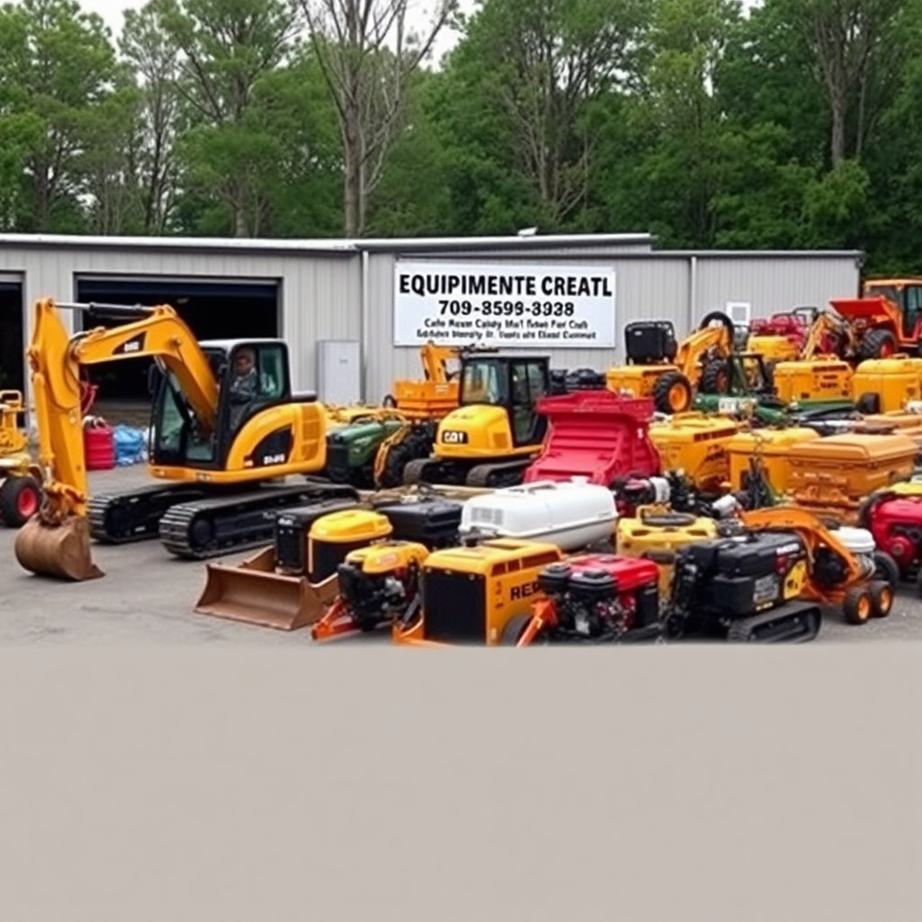 An exterior shot of a well-organized equipment rental yard. Various types of equipment are neatly arranged: excavators, generators, power tools. Signage is clear and professional. The overall image should communicate order, selection, and readiness to serve customers.