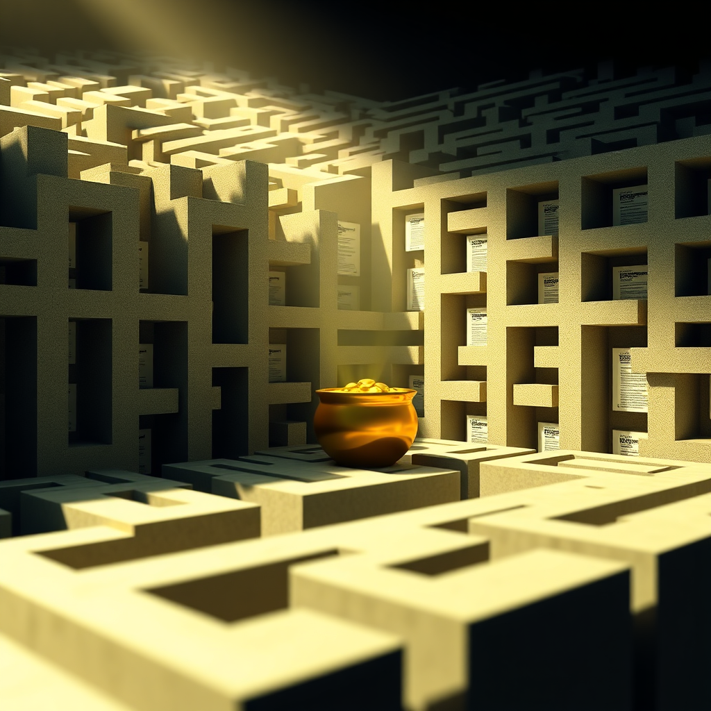 An image depicting a maze where the correct path leads to a pot of gold, representing strategic tax planning. The maze walls are made of tax forms. The lighting is dramatic, emphasizing the challenge and reward. The color palette is gold and green. 4K resolution, high quality.