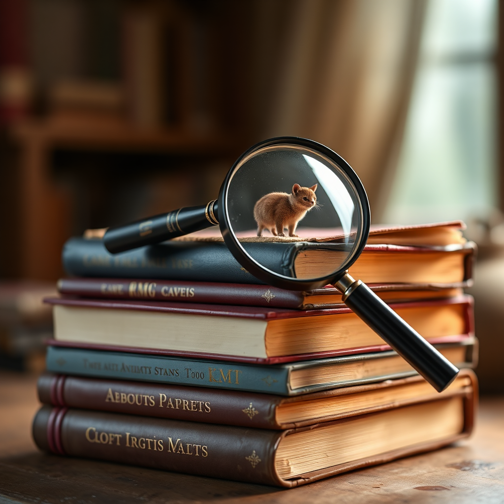 An image depicting a stack of books about animals, with a magnifying glass resting on top, symbolizing discovery and knowledge. The lighting should be warm and inviting, creating a sense of curiosity. Colors should be earthy and muted, with pops of color from the book covers. Camera angle: Medium shot to capture the books and the magnifying glass. Texture should be realistic, emphasizing the paper and leather materials. Technical specs: 4K resolution, high quality.